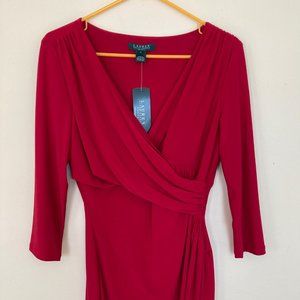 Lauren Ralph Lauren Sexy Red Dress Faux Wrap Bust Long Sleeve Size 10